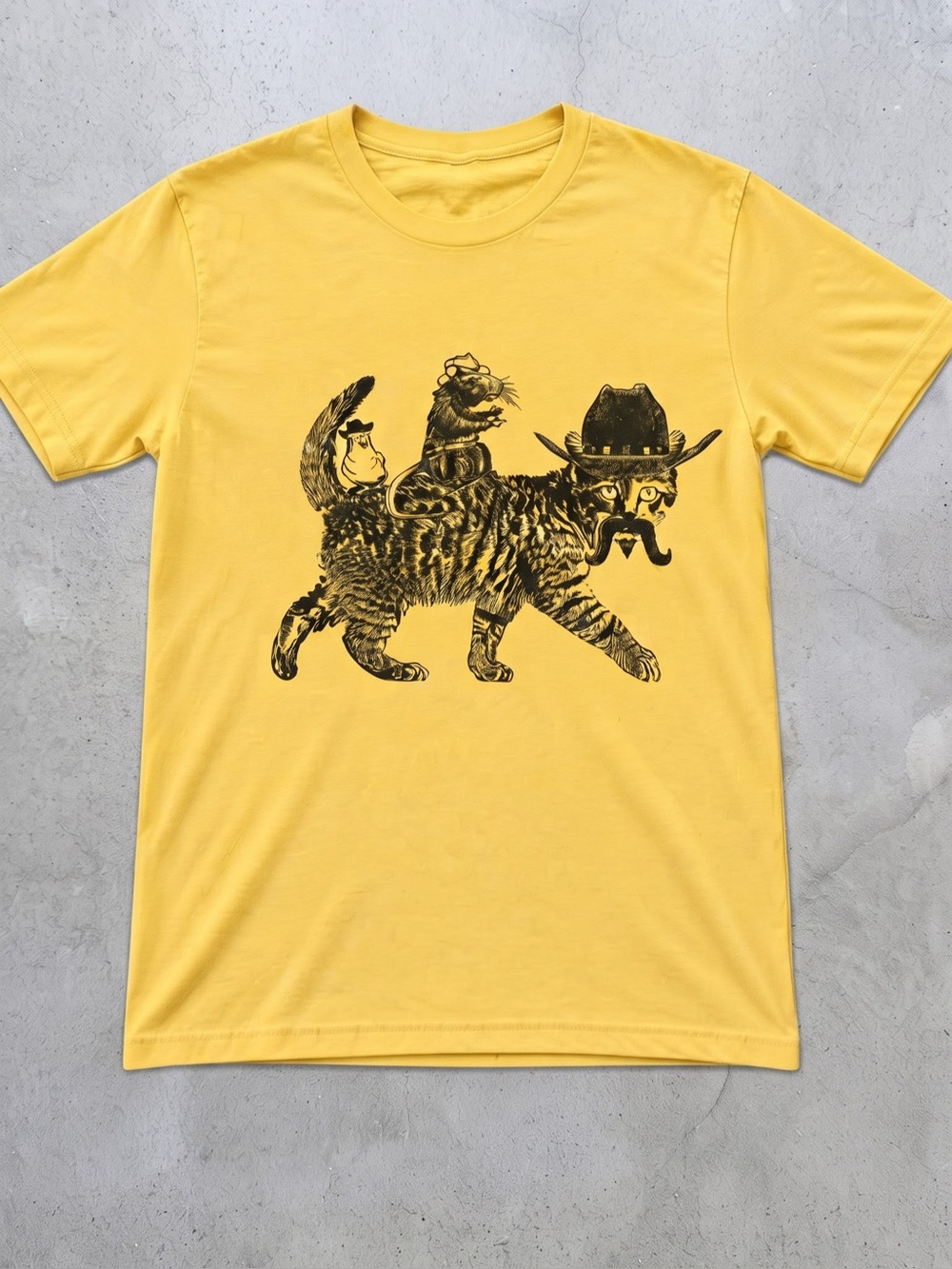 Gildan Yellow Tee with Black Western Cat
Graphic